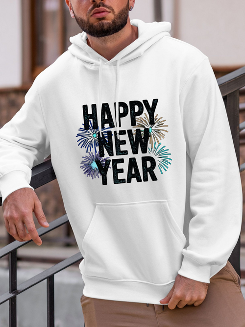 Men's Graphic Hoodie Happy New Year With Sparkling Fireworks Around Bold Letters Hoodie