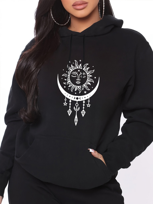 Women's Graphic Hoodie Celestial Symbols With Crescent Moon And Radiant Night Sun