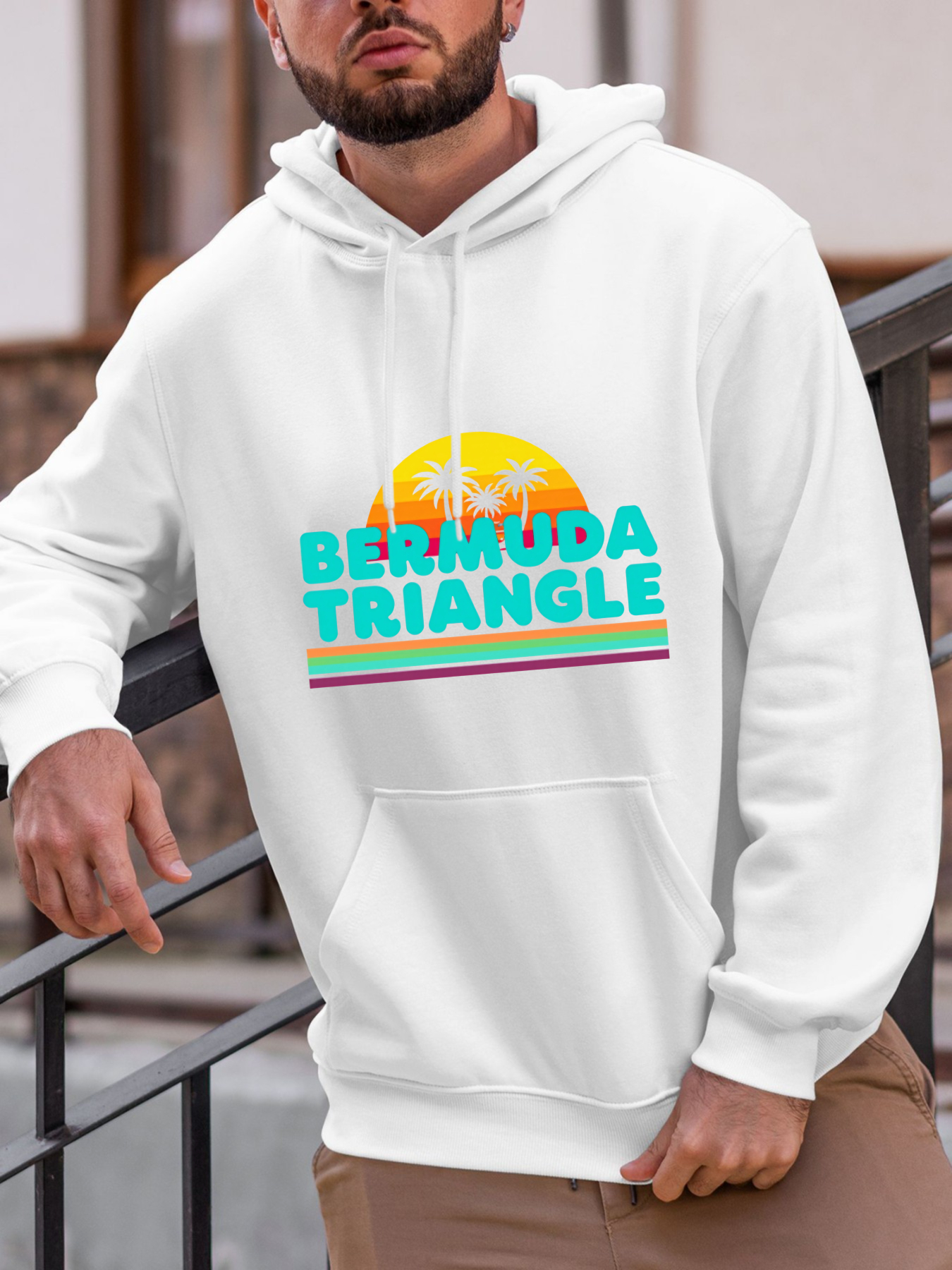 Men's Graphic Hoodie Bermuda Triangle Vibrant Sunset Retro Lines With Ocean Scenery Landscape