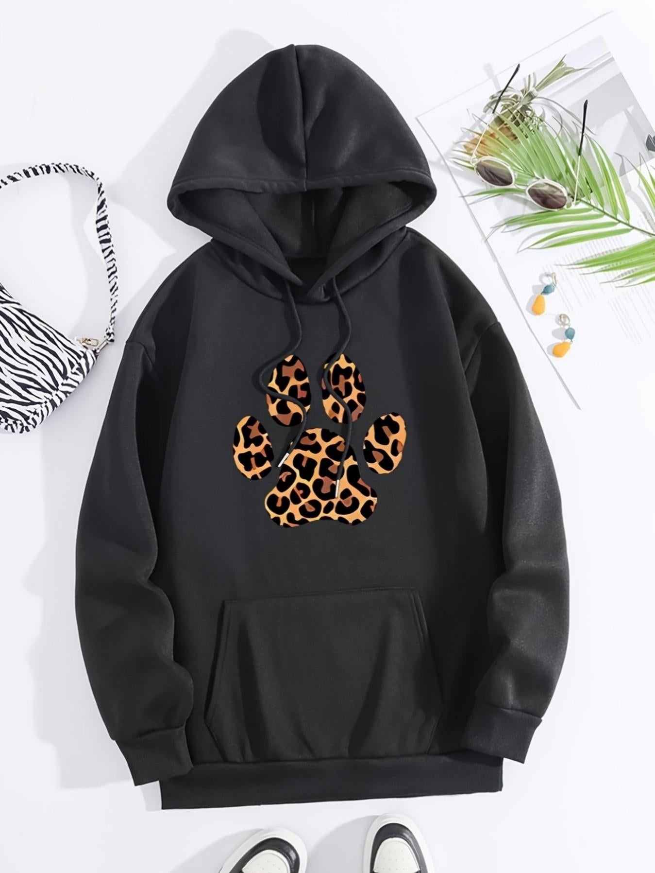 Women's Graphic Hoodie Leopard Print Patterned Animal Paw Print Hoodie