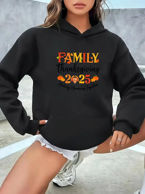 Women's Graphic Hoodie Family Thanksgiving Day 2025 With Autumn Leaves And Pumpkin Hoodie