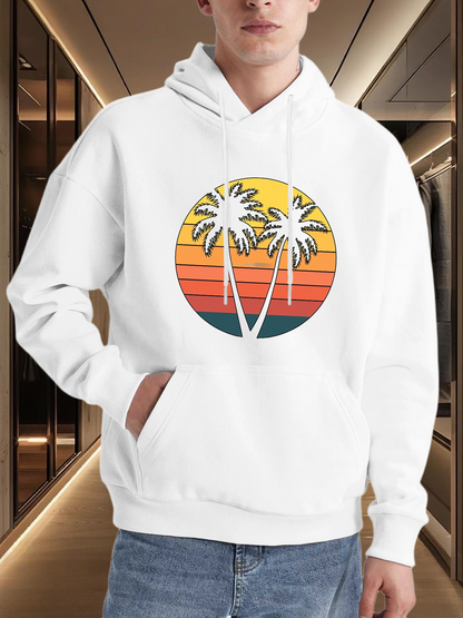 Men's Graphic Hoodie Sunset Skyline With Tall Palm Trees Framed By Vibrant Retro Circle