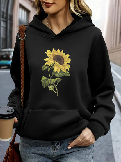 Women's Graphic Hoodie Elegant Bright Yellow Bloom With Lush Green Leaves Sunflower
