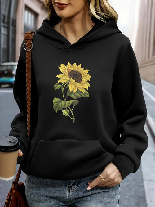 Women's Graphic Hoodie Elegant Bright Yellow Bloom With Lush Green Leaves Sunflower