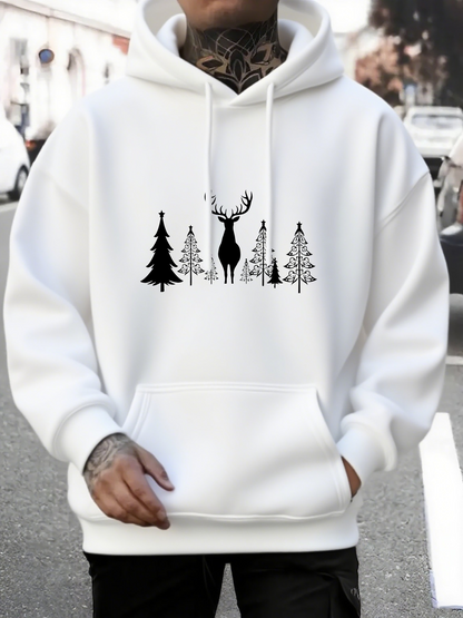 Men's Graphic Hoodie Winter Forest Silhouette With Pine Trees And Lonely Majestic Deer
