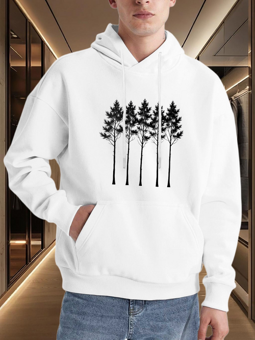 Men's Graphic Hoodie Minimalist Design With Tall Black Trees On Pristine White Hoodie