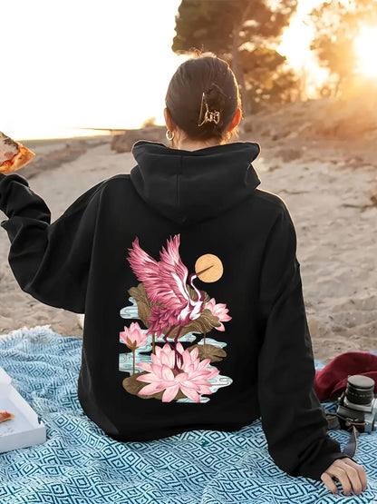 Women's Graphic Hoodie Elegant Pink Crane Standing Among Lotus Flowers At Sunset