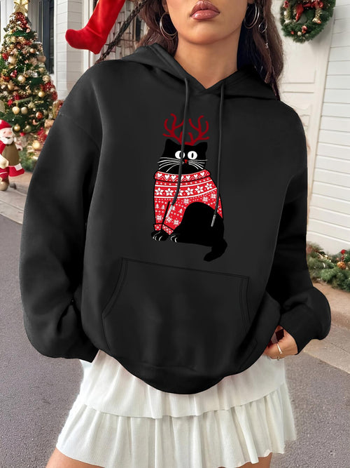 Women's Graphic Hoodie Festive Holiday Season Sweater Wearing Black Cat