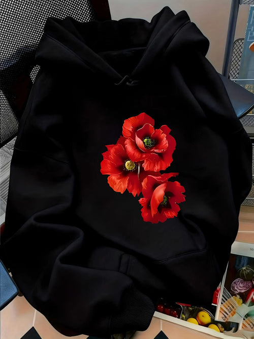 Women's Graphic Hoodie Vivid Red Blossoms Blooming Under Gentle Evening Glow Flower