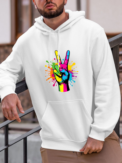 Men's Graphic Hoodie Vivid Paint Splatters With Rainbow Fingers Creating Peace Hand