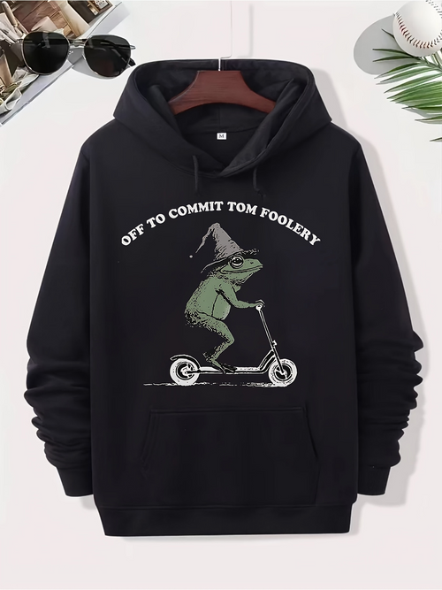 Men's Graphic Hoodie Off To Commit Tom Foolery Whimsical Frog On Scooter Wearing Hat