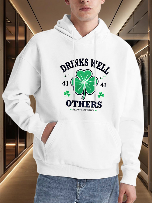Men's Graphic Hoodie Drinks Well With Others Green Shamrock Surrounded By Small Clovers Hoodie