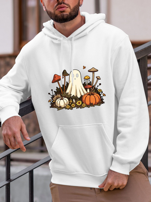 Men's Graphic Hoodie Cute Ghost Among Autumn Mushrooms Pumpkins And Falling Leaves