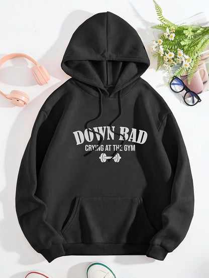 Women's Graphic Hoodie Down Bad Crying At The Gym With Dumbbell Motif Centered On Hoodie