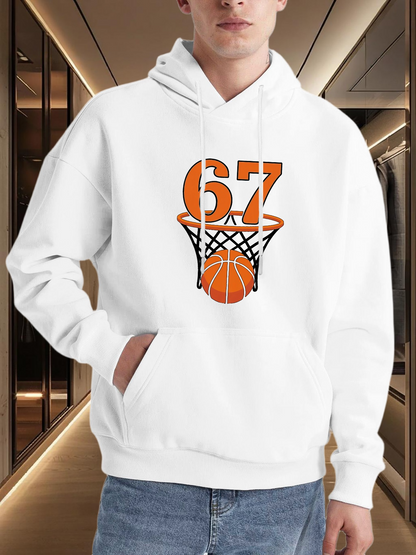 Men's Graphic Hoodie Orange Number Sixty Seven With Basketball Net And Ball