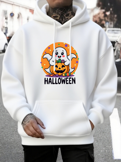 Men's Graphic Hoodie Halloween Cute Smiling Ghost With Pumpkin Under Orange Moon