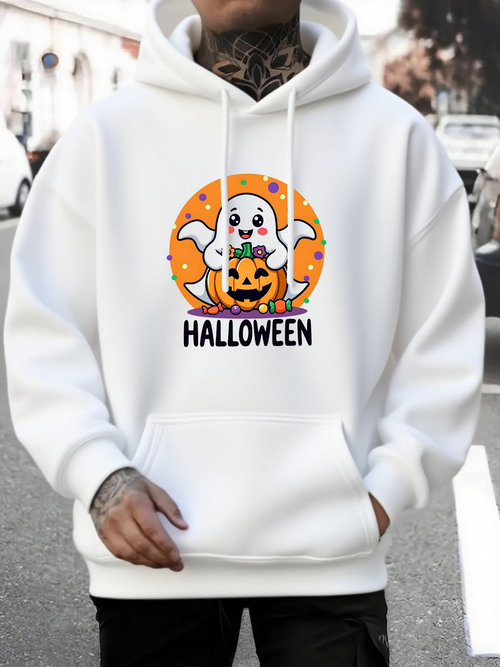 Men's Graphic Hoodie Halloween Cute Smiling Ghost With Pumpkin Under Orange Moon