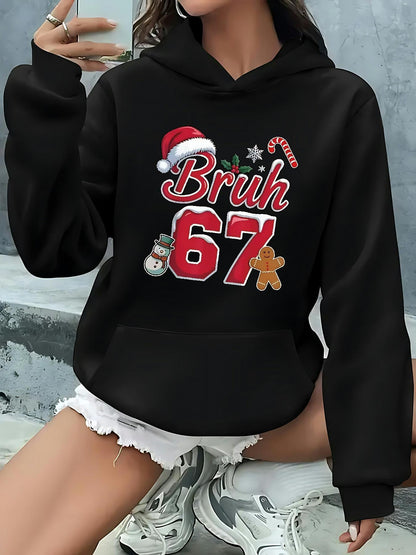 Women's Graphic Hoodie Bruh Festive Candy Cane Gingerbread Number Sixty Seven Hoodie
