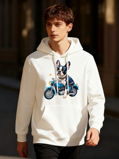 Men's Graphic Hoodie Colorful City Dog Wearing Glasses Riding Blue Classic Motorcycle