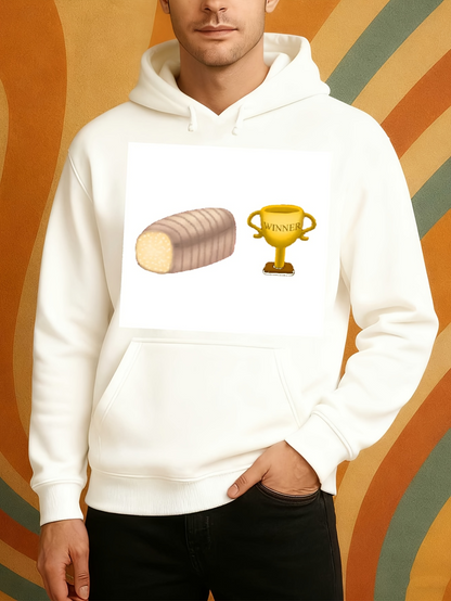 Men's Graphic Hoodie Golden Victory Cup With Chocolate Roll Cake Under Spotlight