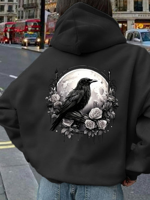 Women's Graphic Hoodie Full Moon Shining Above Roses With Mystical Feathers Surrounding A Majestic Crow