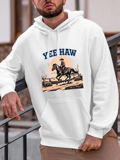 Men's Graphic Hoodie Yee Haw Cowboy Riding In Desert At Sunset With Cacti And Dust Horse