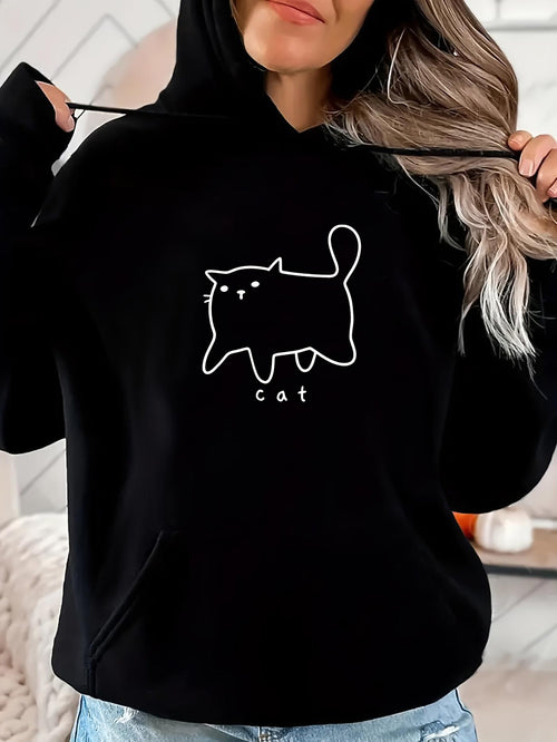 Women's Graphic Hoodie Minimalist White Outline Drawing With Playful Whimsical Lettering Cat