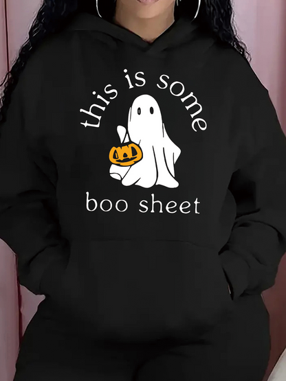 Women's Graphic Hoodie This Is Some Boo Sheet With White Cartoon Ghost Holding Pumpkin
