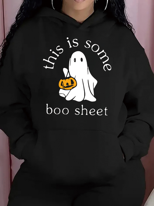 Women's Graphic Hoodie This Is Some Boo Sheet With White Cartoon Ghost Holding Pumpkin