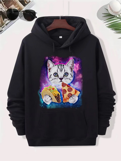 Men's Graphic Hoodie Galactic Neon Glow Cat Holding Pizza And Taco