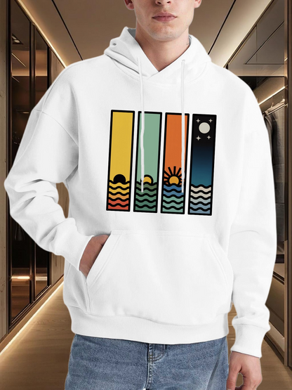 Men's Graphic Hoodie Colorful Sunset Sky With Waves And Rising Sun Graphic Panel