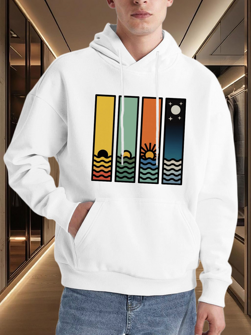 Men's Graphic Hoodie Colorful Sunset Sky With Waves And Rising Sun Graphic Panel