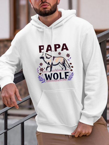 Men's Graphic Hoodie Papa Wolf Surrounded By Decorative Leaves And Stylized Forest Flowers Wolf