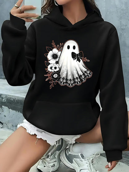 Women's Graphic Hoodie Whimsical Autumn Flowers Surrounding A Cute Floating Ghost
