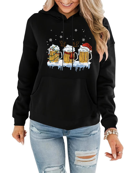 Women's Graphic Hoodie Frosty Mugs Of Beer Surrounded By Snowflakes With Santa Hat Mug