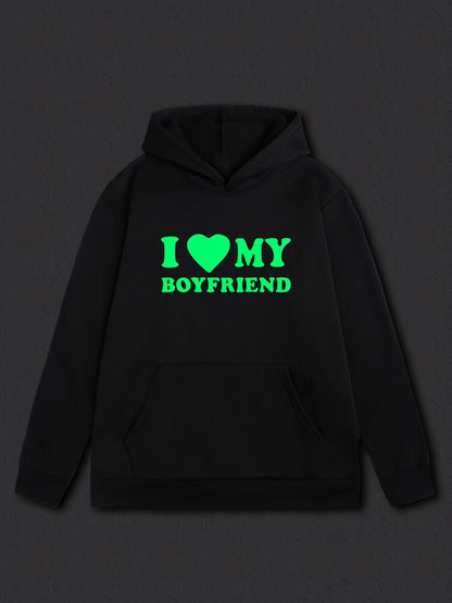 Women's Graphic Hoodie I Love My Boyfriend Neon Green Romantic Text Hoodie