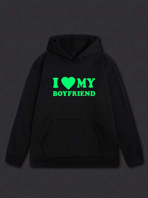 Women's Graphic Hoodie I Love My Boyfriend Neon Green Romantic Text Hoodie
