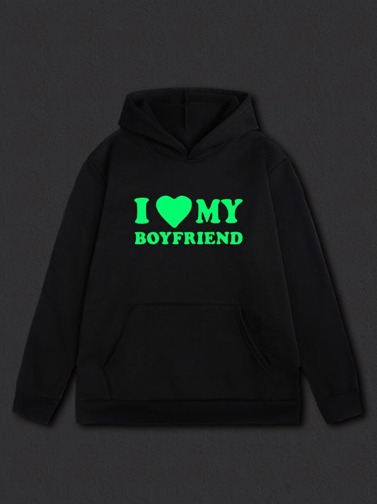 Women's Graphic Hoodie I Love My Boyfriend Neon Green Romantic Text Hoodie