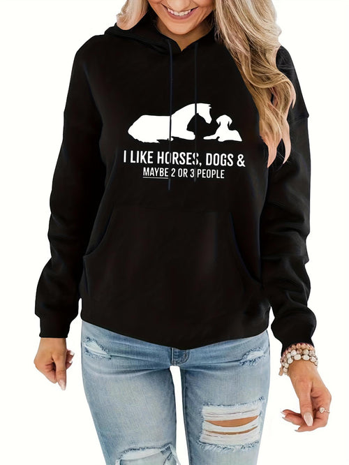 Women's Graphic Hoodie I Like Horses Dogs And People Silhouette Graphic With Large White Animals Hoodie