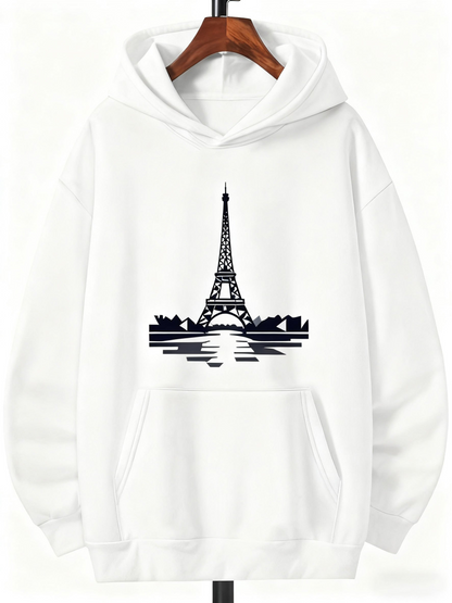 Men's Graphic Hoodie Reflective City Skyline Under Moonlit Calm Water Eiffel Tower