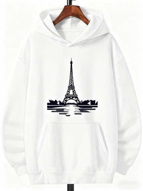 Men's Graphic Hoodie Reflective City Skyline Under Moonlit Calm Water Eiffel Tower