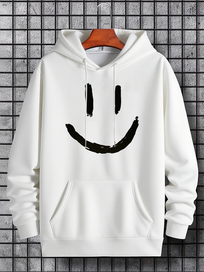 Men's Graphic Hoodie Bold Brushstroke Smiling Face On Minimalist White Hoodie