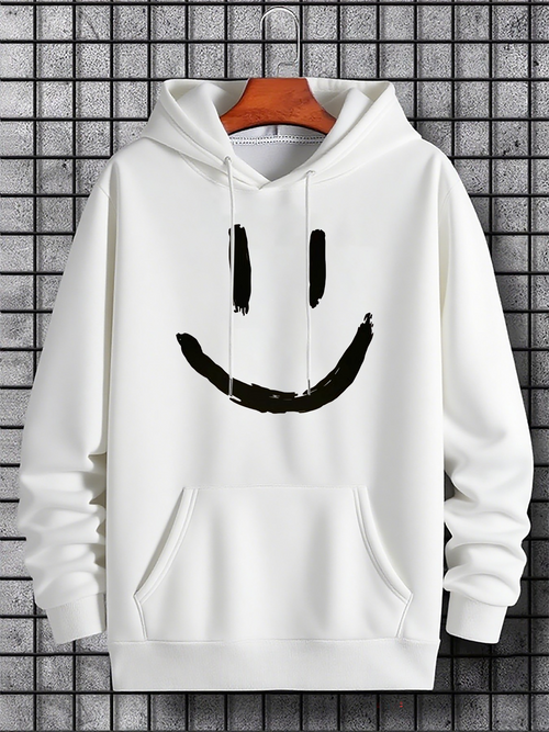 Men's Graphic Hoodie Bold Brushstroke Smiling Face On Minimalist White Hoodie