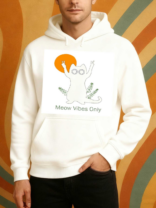 Men's Graphic Hoodie Meow Vibes Only Whimsical Cat With Orange Sun Surrounded By Abstract Leaves