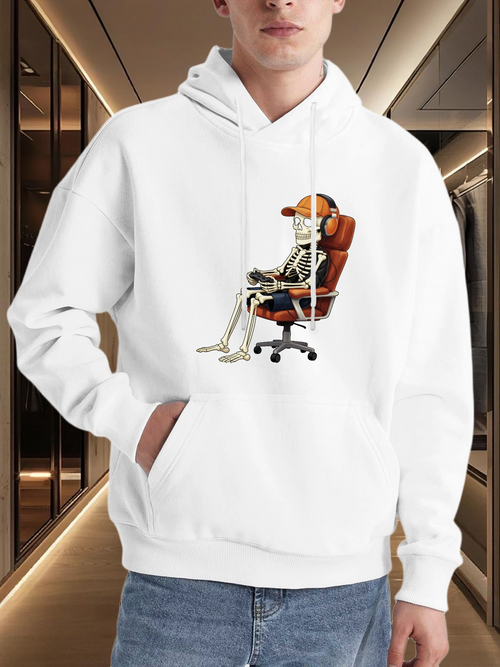 Men's Graphic Hoodie Relaxed Skeleton With Headphones Sitting In Office Chair