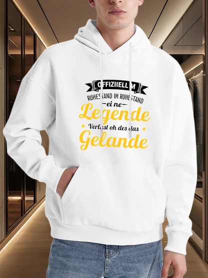 Men's Graphic Hoodie German text "Stand Calm on This Ground Legends Are Born" and "Ruhes Land" logo