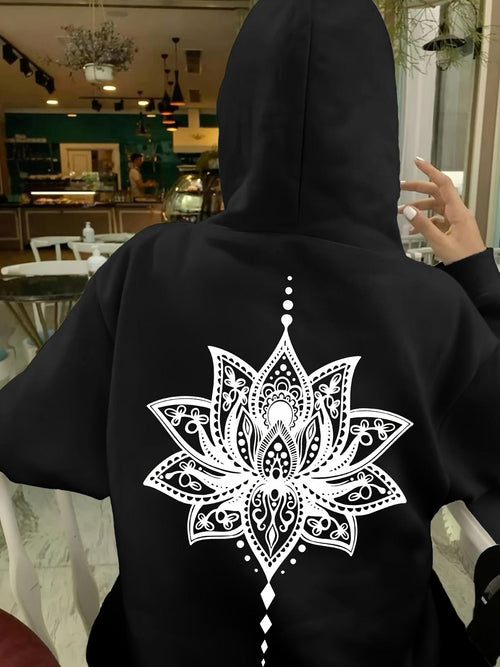 Women's Graphic Hoodie Intricate Dot Pattern With Delicate Lines Surrounding A Mandala Lotus Flower