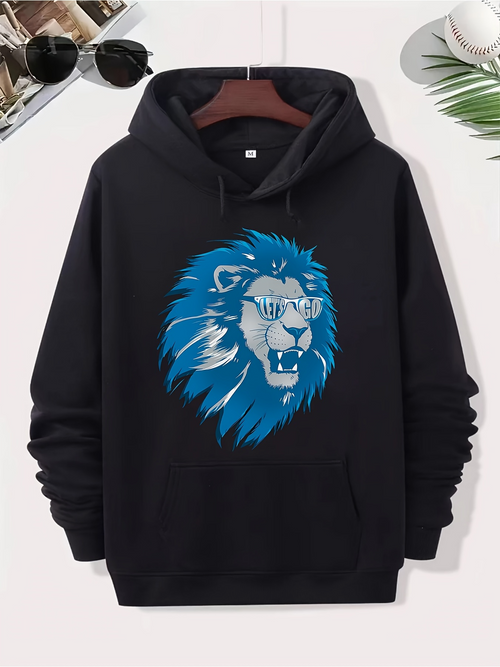 Men's Graphic Hoodie Blue Mane Growling Lion Head Center Hoodie