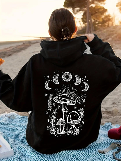 Women's Graphic Hoodie Mystical Forest Moon Phases With Sparkling Light Over Mushrooms
