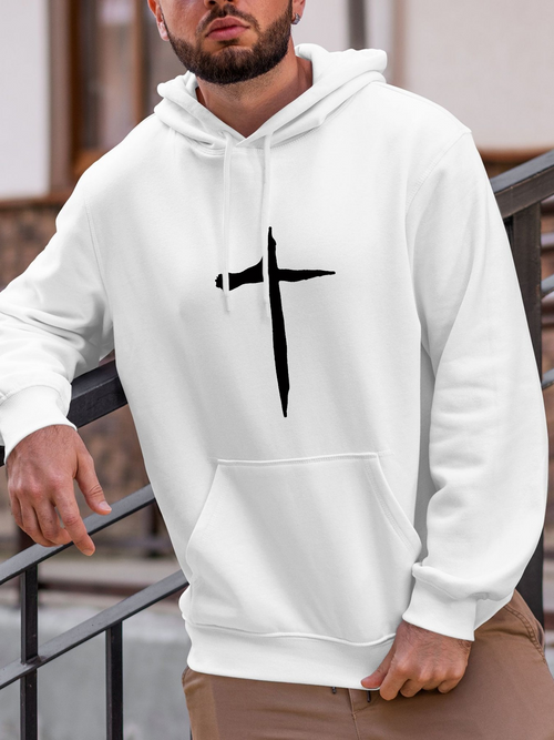 Men's Graphic Hoodie Minimalist Black Brushstroke Design With Simple Religious Symbol Cross